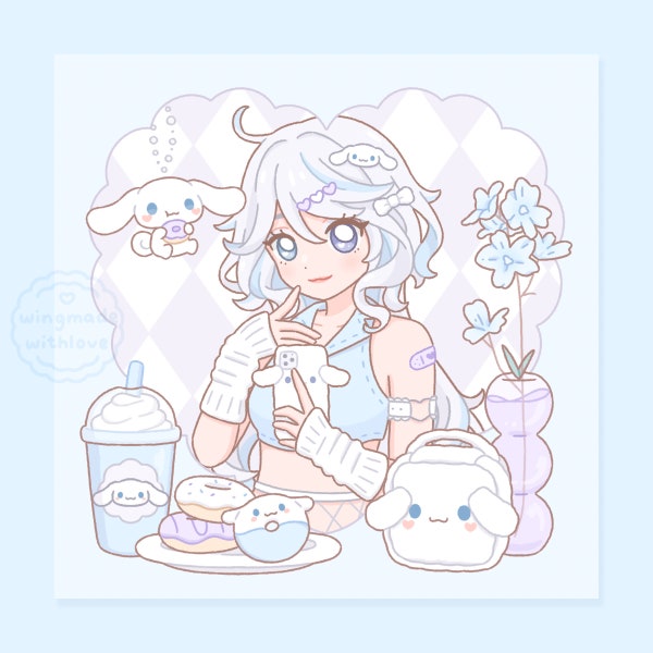 Genshin Impact Furina Focalors Cinnamoroll Pastel Blue Aesthetic Sanrio Archon Art Print Poster - by wingmadewithlove