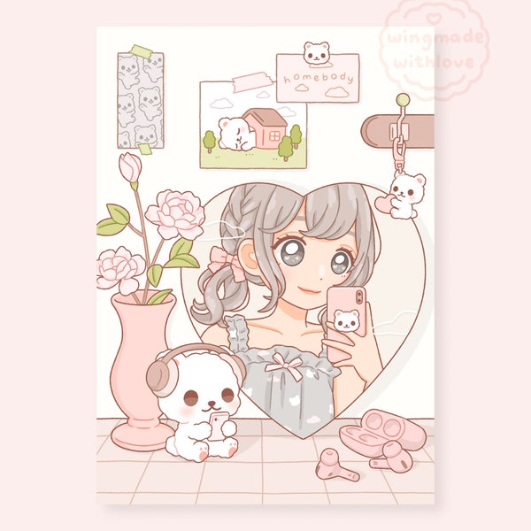 Anime Girl Cute Bear Homebody Art Print Postcard - by wingmadewithlove