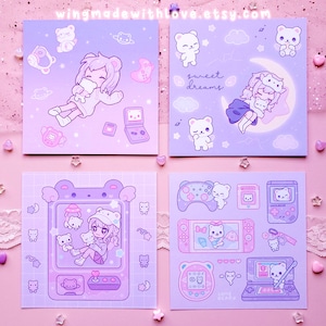Impression d'art mat/holographique Kawaii Chibi Sleepy Gamer Girl - Art mural Lofi dans une chambre confortable avec nuit étoilée - par wingmadewithlove