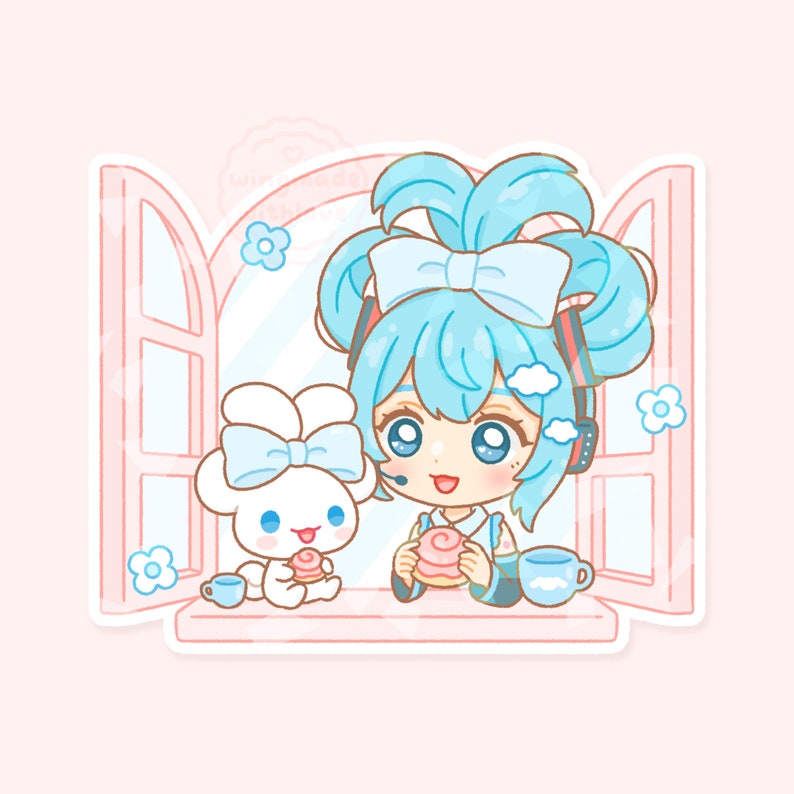 May include: A blue-haired anime character with a white bow and a white bunny with a blue bow are sitting at a window eating pastries. The window is decorated with white clouds and flowers.