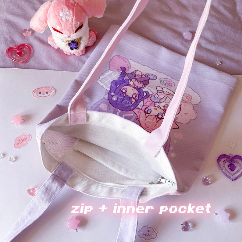 Eimiko Two-Way Tote Bag with Zip Genshin Impact Yae Miko Raiden Shogun Ei Cute Double-sided Purple Pink Bag by wingmadewithlove image 3