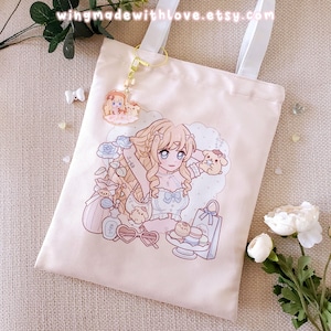 Navia Two-Way Tote Bag with Zip & Chibi Keychain - Genshin Cute Double-sided Pastel Yellow Bag - by wingmadewithlove