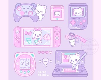 Cute Gamer Bear Holographic Art Print - Tamagotchi Gameboy Purple Cute Aesthetic Postcard Wall Art - by wingmadewithlove