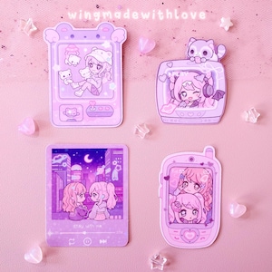 Holographisch Wasserfest Sticker Kawaii Retro Gamer Girl Starry 4er-Set Lila für Journal, Laptop, Scrapbooking - by wingmadewithlove