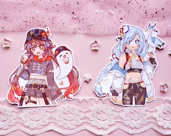 Genshin Holographic Waterproof Stickers Hu Tao BooTao Shenhe Cloud Retainer Liyue Street Style Anime Vinyl Stickers - by wingmadewithlove