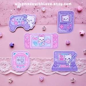 Holographische Wasserdichte Stickers Kawaii Gamer Bär Sternenmuster Set - Retro Gaming für Journal, Laptop, Scrapbooking - by wingmadewithlove