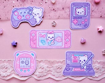 Holographic Waterproof Stickers Kawaii Gamer Bear Starry Set - Retro Gaming for Journal, Laptop, Scrapbooking - by wingmadewithlove