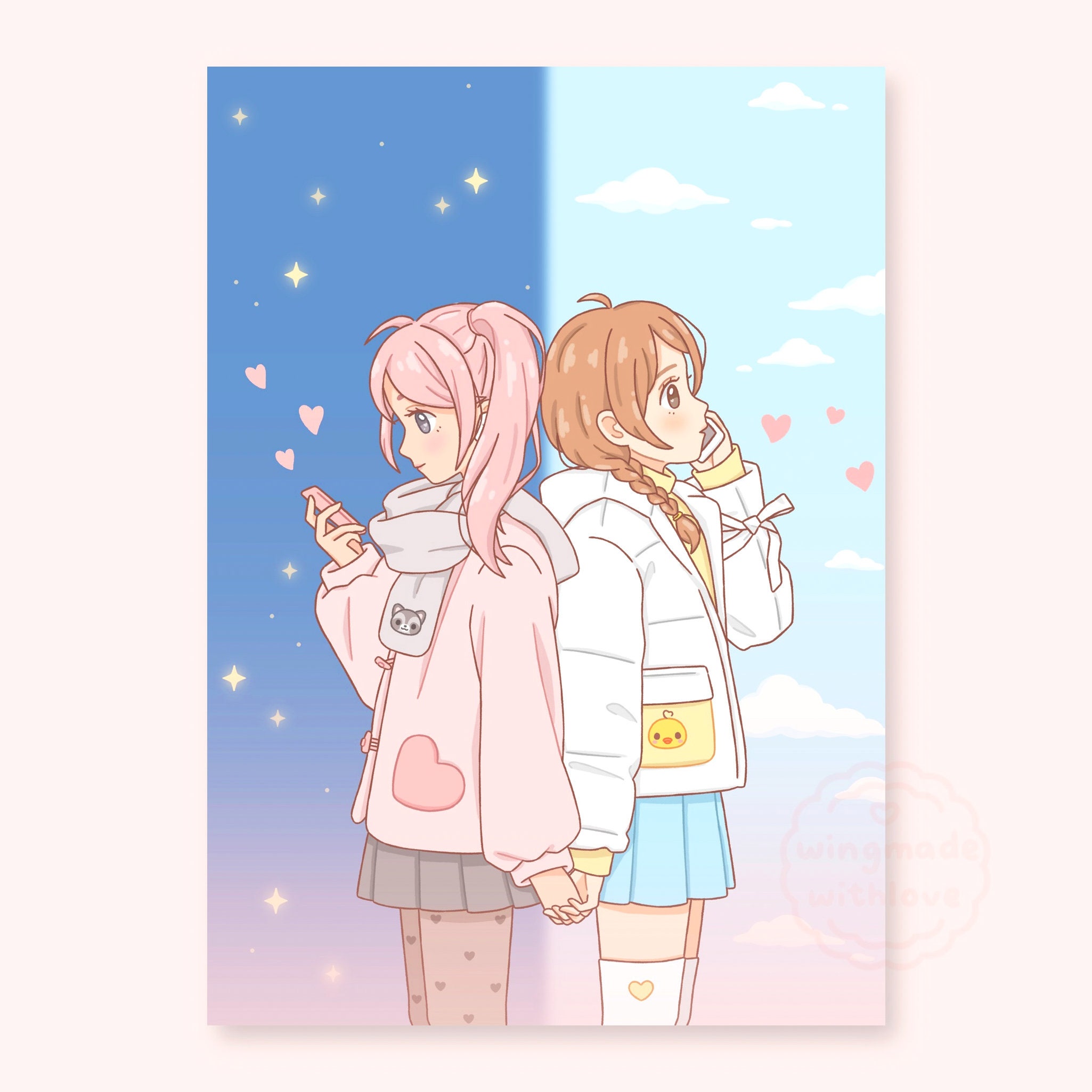 Anime Girls Best Friend Long Distance Love Art Print Postcard Gift