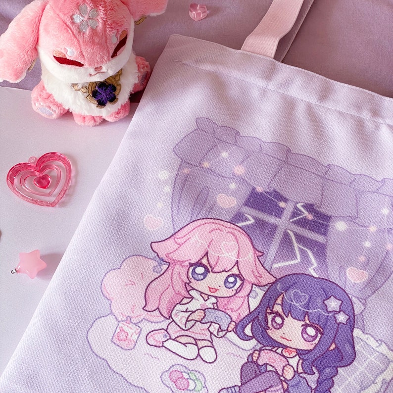 Eimiko Two-Way Tote Bag with Zip Genshin Impact Yae Miko Raiden Shogun Ei Cute Double-sided Purple Pink Bag by wingmadewithlove image 5