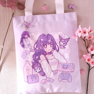 Sac fourre-tout double sens Raiden Ei avec fermeture éclair - Joli sac violet pastel double face Raiden Shogun Genshin - par wingmadewithlove