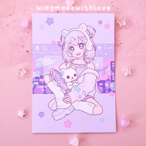 Impression d'art mat/holographique, fille gamer anime kawaii et ours blanc - art mural carte postale esthétique ville pop violet - par wingmadewithlove