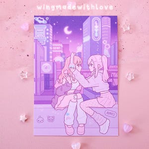 Impression d'art mat/holographique Citypop Girls - Art mural de carte postale esthétique rétro - par wingmadewithlove