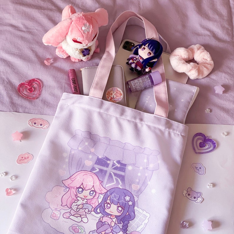 Eimiko Two-Way Tote Bag with Zip Genshin Impact Yae Miko Raiden Shogun Ei Cute Double-sided Purple Pink Bag by wingmadewithlove image 4