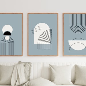Set of 3 Abstract Wall Art, Geometric Set, Mid Century Abstract Print, Minimalist Room Decor, Neutral Blue Wall Art