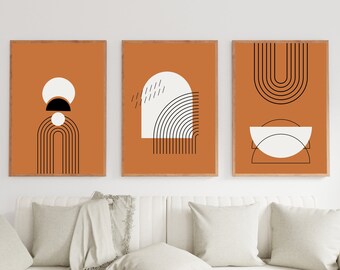 Mid Century Modern Abstract Print Set: Peach Caramel Geometric Art (Digital Download)