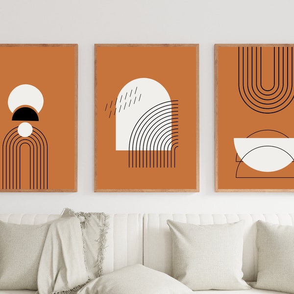 Set of 3 Abstract Wall Art, Geometric Set, Mid Century Abstract Print, Minimalist Room Decor, Abstract Geometric Poster, Peach Caramel Decor