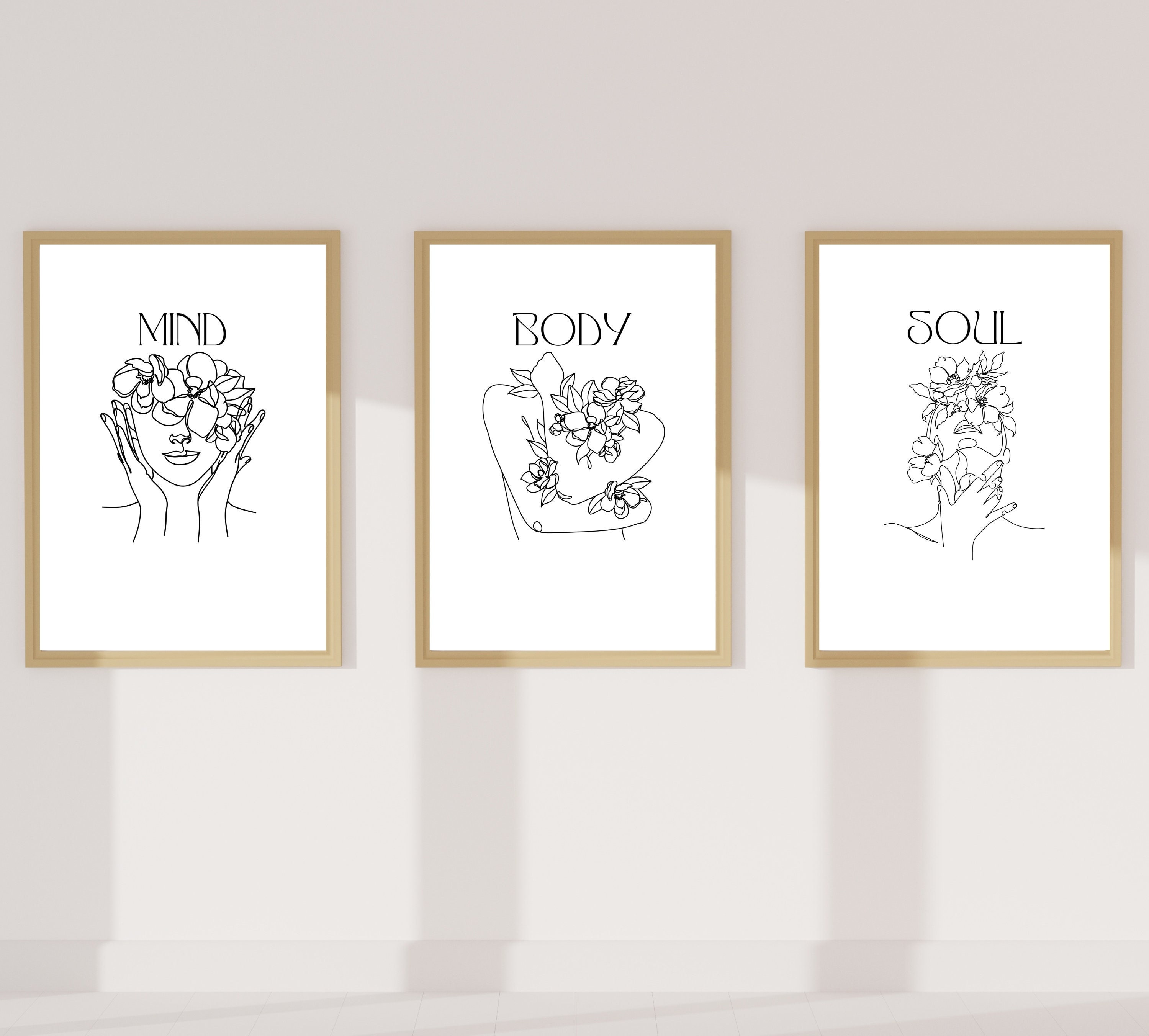 Mind Body Soul Wall Art, Set of 3 Poster, Flower Head Woman, Positive