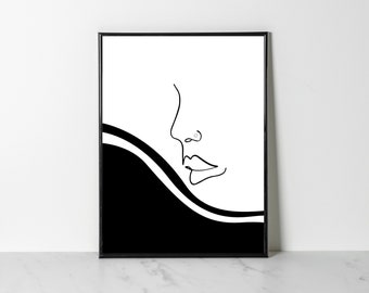 Abstract Face Line Art Print, Retro Female Portrait (Digital Download)