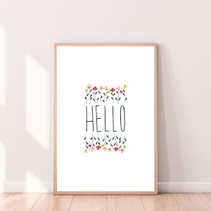 Hello サイン、花柄 Hello アート、印刷可能な壁アート、寮の Hello ポスター、Hello 廊下アート、玄関プリント、デジタル ホーム デコレーション プリント、寮の装飾