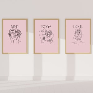 Mind Body Soul Wall Art, Set of 3 Poster, Flower Head Woman, Positive Aura Wall Art Set, Female Line Art, Light Pink Room Decor