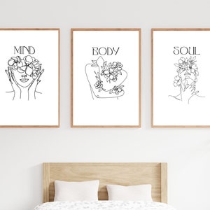 Mind Body Soul Wall Art, Conjunto de 3 carteles, Mujer cabeza de flor, Conjunto de arte de pared de aura positiva, Arte de línea femenina
