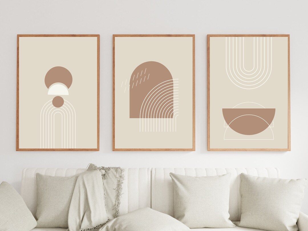 Mid Century Modern Abstract Print Set: Beige Geometric Wall Art ...