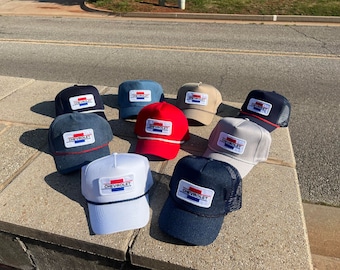 Levis VTG 70s Denim Trucker Hat Cap Leather Patch Strapback Orange