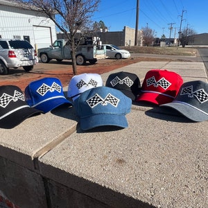 Vintage Patch Racing Checkered Flag Rope Trucker Snapback Hat 7 Color Variations - Perfect for Racing Enthusiasts and Car Fans Unique Design