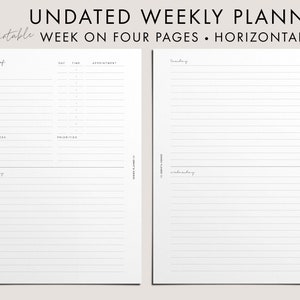 Undated Weekly Planner, PRINTABLE, WO4P, Horizontal, A5/Happy Planner/Half Letter/Mini HP/Personal/Pers Wide/A6 Inserts, Handwritten Script