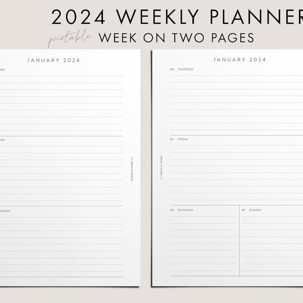 2024 Weekly Planner, PRINTABLE, Week on Two Pages, Horizontal, A5 Planner Inserts, Clean Modern Font Theme