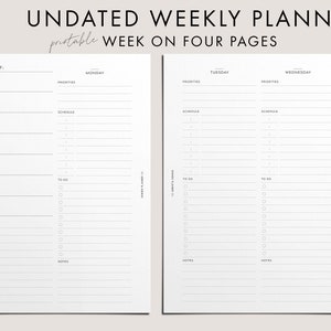 Undated Weekly Planner, PRINTABLE, Week on Four Pages, A5/Happy Planner/Half Letter/Mini HP/Personal/Personal Wide/A6 Inserts, Clean Modern