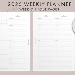 Puede incluir: Un planificador semanal 2026 minimalista con un diseño limpio y moderno. El planificador presenta un calendario, horarios diarios y listas de tareas. El texto "2026 Weekly Planner" y "Week on Four Pages" son visibles. También hay una etiqueta con la marca "Sennen".