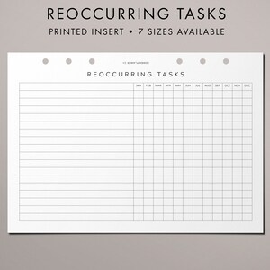 May include: A printable planner page with a grid layout for recurring tasks. The page is divided into 12 columns representing each month of the year, and rows for listing tasks. The title "REOCCURRING TASKS" is printed at the top of the page.