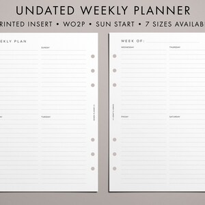 May include: Undated weekly planner printable insert with a Sunday start. The planner has a notes section, a column for each day of the week, and a section for the week of. The planner is printed on white paper.
