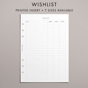 PRINTED Wishlist Insert, To Buy List, Shopping Wish List, Purchase Tracker, Priorities, Handwritten Scrawl Font Theme, 7 Sizes
