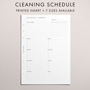 May include: A printable cleaning schedule planner with sections for daily chores, weekly chores, and notes. The planner is designed for use with a disc bound planner system.