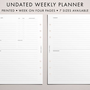PRINTED Undated Weekly Planner Insert, WO4P, Horizontal Layout, A5/Happy Planner/Half Letter/Mini HP/Personal/Personal Wide/A6, Clean Modern
