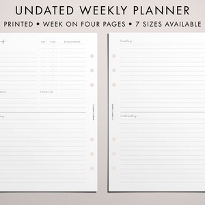 PRINTED Undated Weekly Planner Insert, WO4P, Horizontal, A5/Happy Planner/Half Letter/Mini HP/Personal/Personal Wide/A6, Handwritten Script