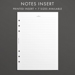May include: A white lined paper insert for a disc bound planner or notebook. The insert has six holes on the left side and the word "notes" at the top.