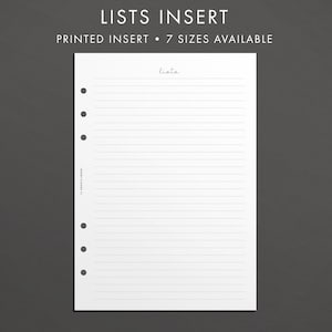 May include: A white lined paper insert for a disc bound planner. The insert has six holes on the left side and the word "Lista" is written at the top of the page.