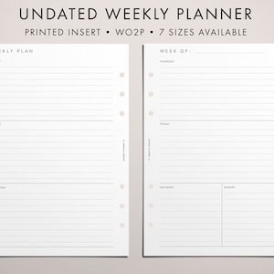 PRINTED Undated Weekly Planner Insert, Week on Two Pages, WO2P, To Do List, Priorities, Horizontal Style, Clean Modern Font Theme, 7 Sizes