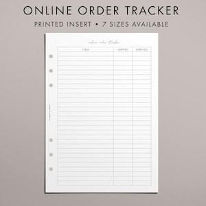 May include: A printable online order tracker with columns for item, shipped, and arrived. The tracker is designed for use in a planner or journal.