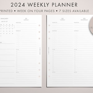 PRINTED 2024 Weekly Planner Insert, Week on Four Pages, Vertical Layout, WO4P, 2024 Calendar, Weekly Spread, Clean Modern, 7 Sizes