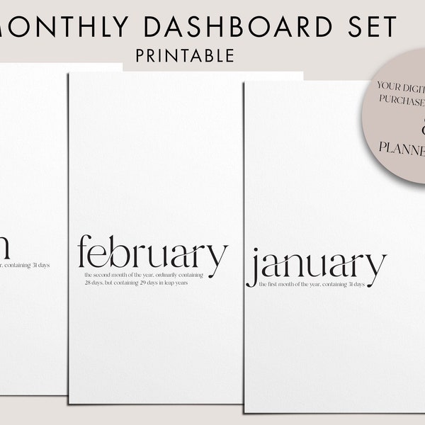 Monthly Dashboard Set, PRINTABLE, Planner Dividers, Jan-Dec, Planner Cover, Minimal Dashboard, Pocket/Personal/A5 Size, Digital Download