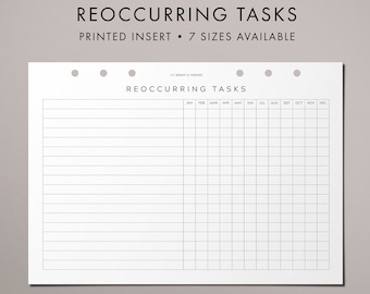 PRINTED Reoccurring Tasks Insert, Task List, Monthly Tasks, Horizontal Layout, Task Tracker, Priorities, Clean Modern Font Theme, 7 Sizes