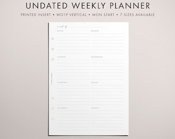 PRINTED Undated Weekly Planner Insert, MON START, Week on One Page, WO1P, To Do List, Vertical Box Style, Handwritten Script Font, 7 Sizes