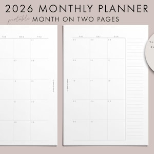 May include: A printable 2026 monthly planner with month on two pages. The planner is white with a minimalist design. The text "January 2026" is at the top left. A circular graphic states "Your digital download purchase comes with 7 planner sizes."