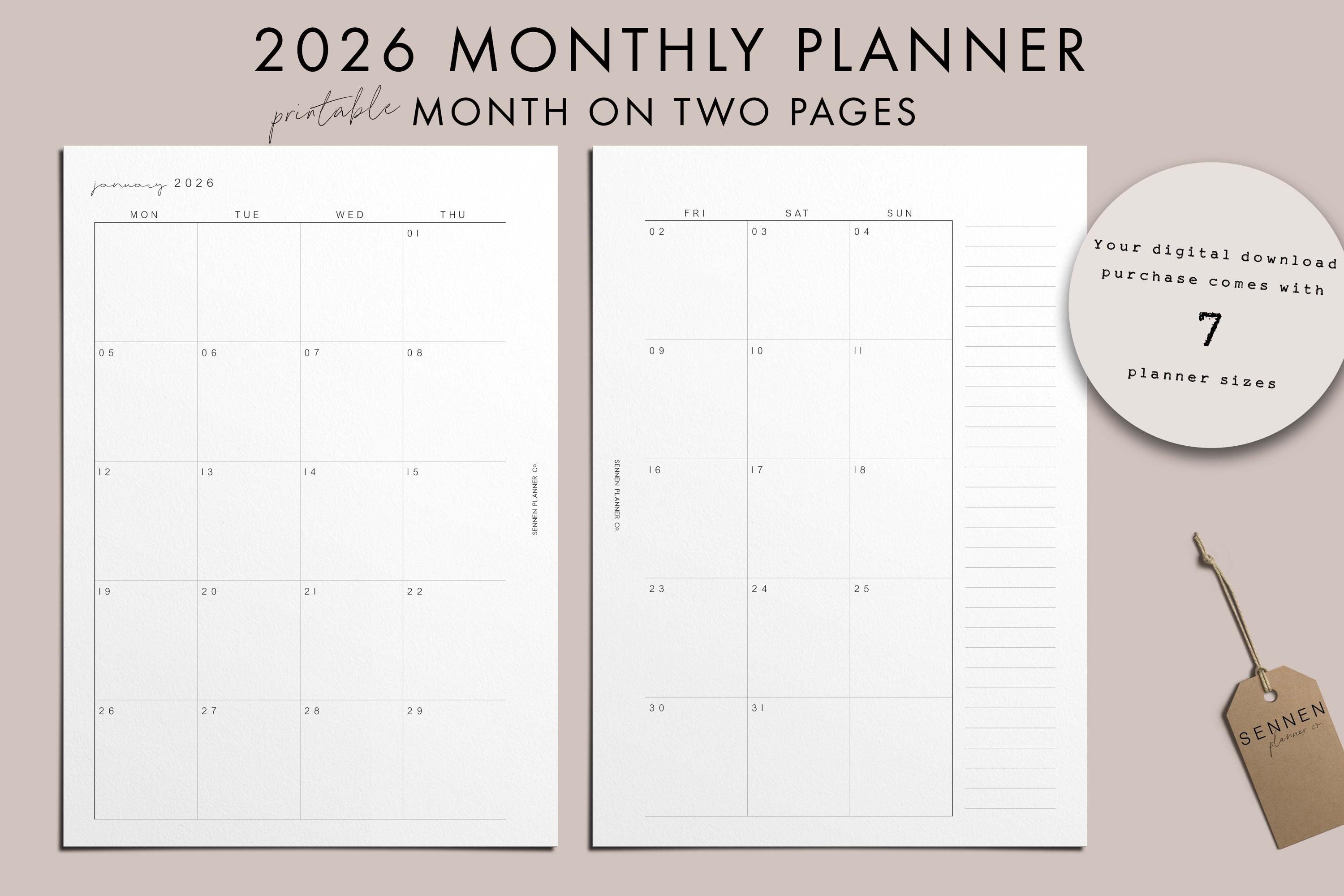 2026 Monthly Planner, PRINTABLE, Classic Calendar Style, Month on 2