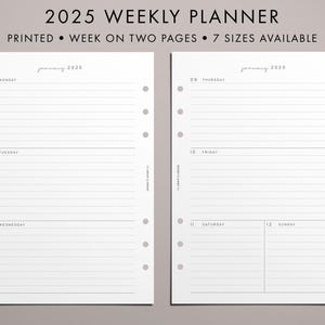 PRINTED 2025 Weekly Planner Insert, Week on Two Pages, WO2P, Horizontal, 2025 Calendar, Weekly Spread, 7 Sizes, Handwritten Script