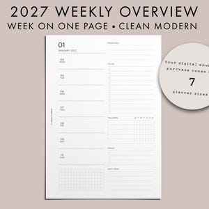 Puede incluir: Una página de planificador semanal 2027 blanca con texto negro, que presenta un diseño de una semana por página, una lista de tareas, un rastreador de hábitos y una sección de objetivos. Un gráfico circular indica 7 tamaños de planificador.
